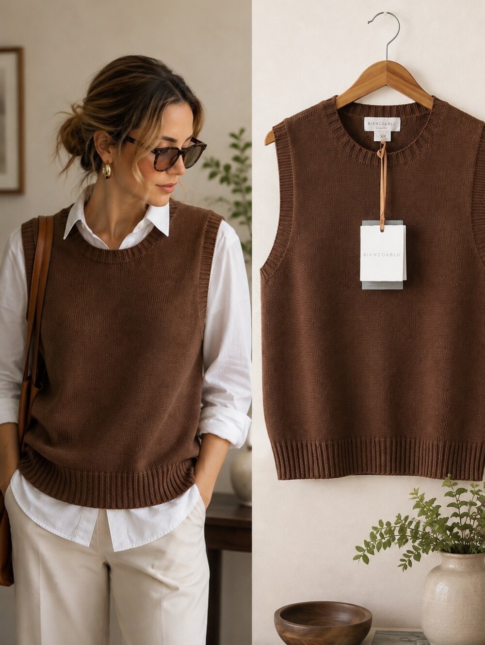 NWT Bianco & Blu Italy Cotton Sweater Vest Brown Knit Size S